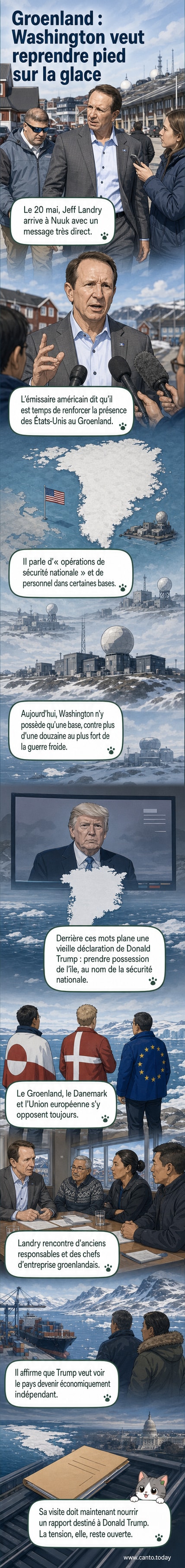 Un homme en costume discute devant un drapeau américain et un paysage arctique, à Nuuk, capitale du Groenland.