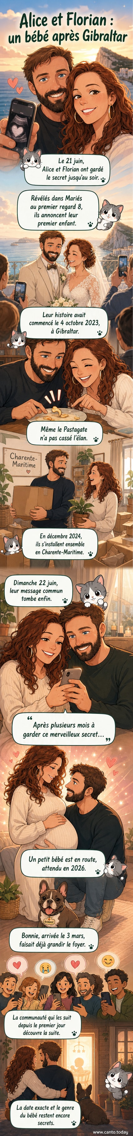 Alice et Florian, souriants, posent ensemble pour célébrer l'annonce de leur grossesse, entourés de photos et d'indices doux.