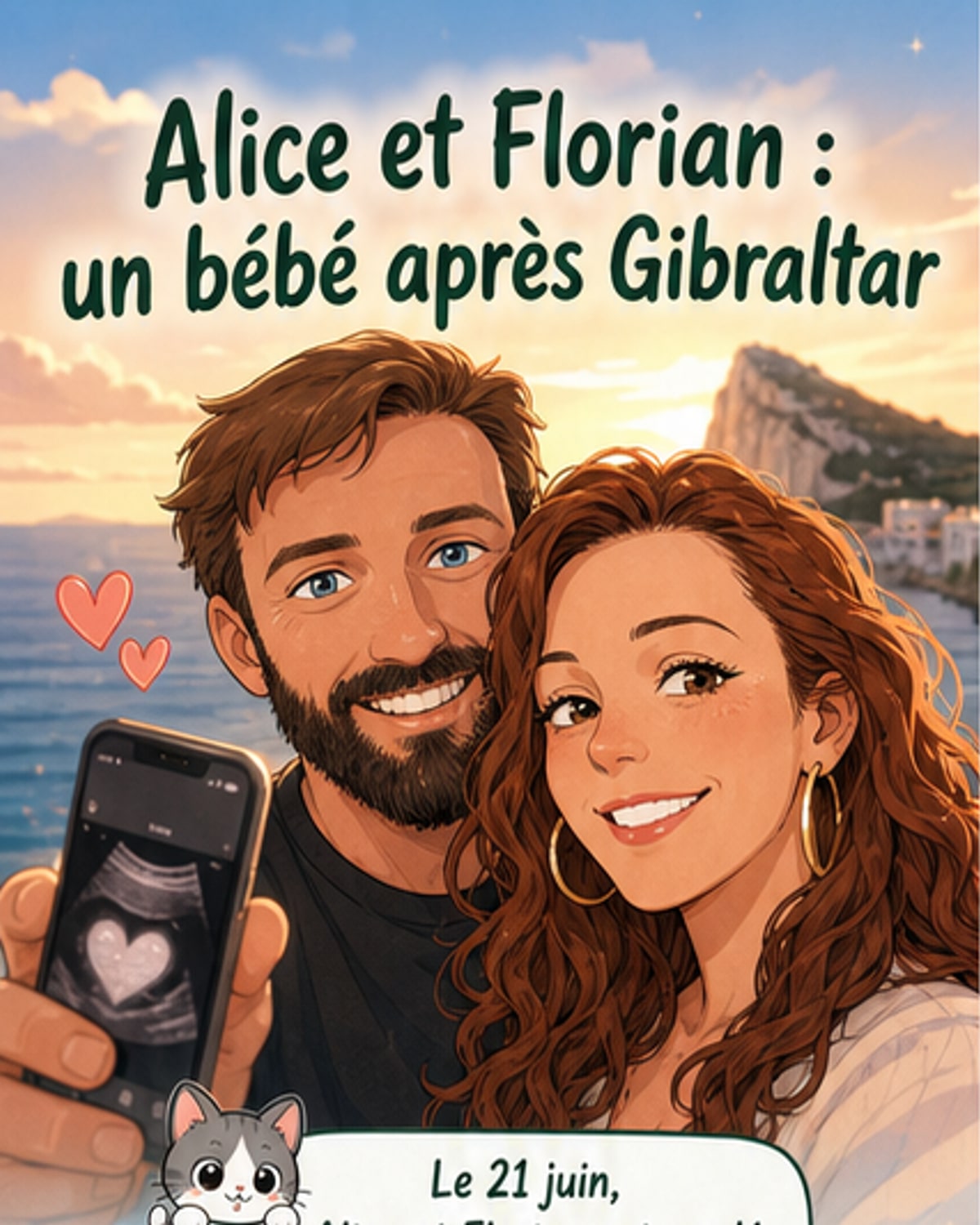 Alice et Florian, souriants, posent ensemble pour célébrer l'annonce de leur grossesse, entourés de photos et d'indices doux.