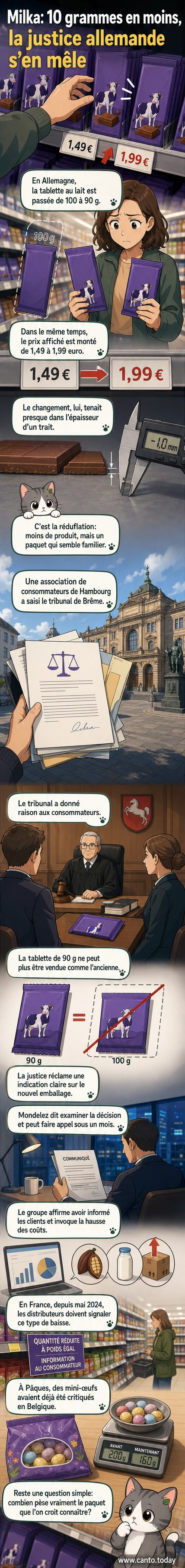 Illustration d'une tablette de chocolat Milka réduite en taille mais vendue au même prix, avec un emballage trompeur et un panneau 'justice' en arrière-plan.