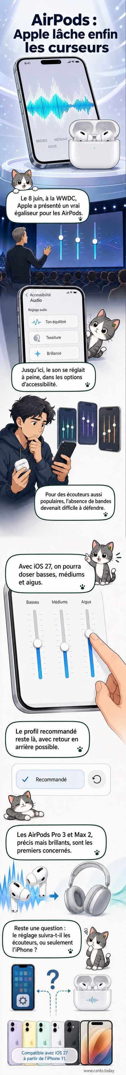 Illustration d'AirPods flottant avec une interface d'égaliseur audio affichée, montrant des bandes de fréquences ajustables sur un fond de scène WWDC.