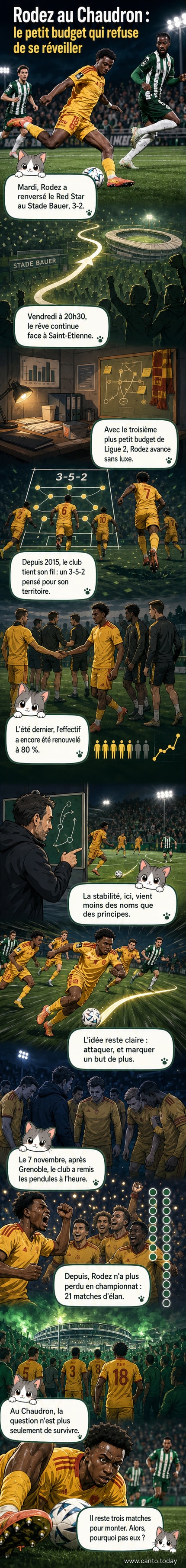 Illustration d'un stade de football en soir d'émotion, avec les joueurs de Rodez célébrant une victoire, sous un ciel étoilé symbolisant le rêve de monter en Ligue 1.