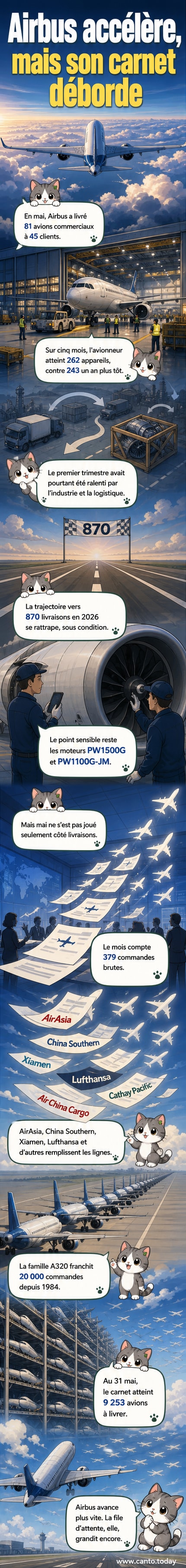 Illustration d’un avion Airbus A321neo en vol, entouré de petits avions représentant les livraisons et commandes du mois de mai 2026, avec un graphique en arrière-plan montrant la croissance du carnet de commandes.