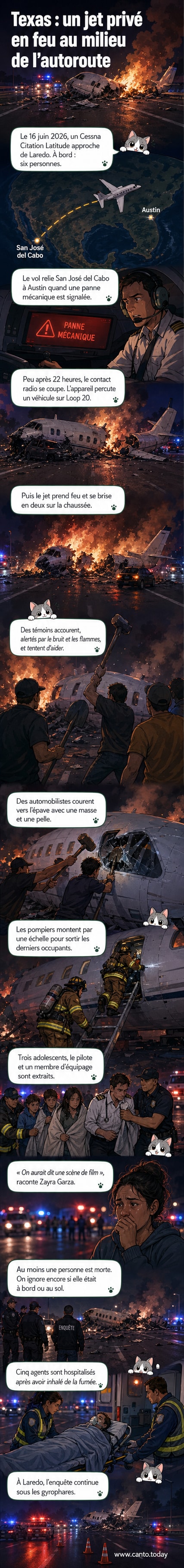 Vue aérienne d'un jet privé en flammes au milieu d'une autoroute, entouré de voitures et de secours, avec des passants aidant aux extractions.