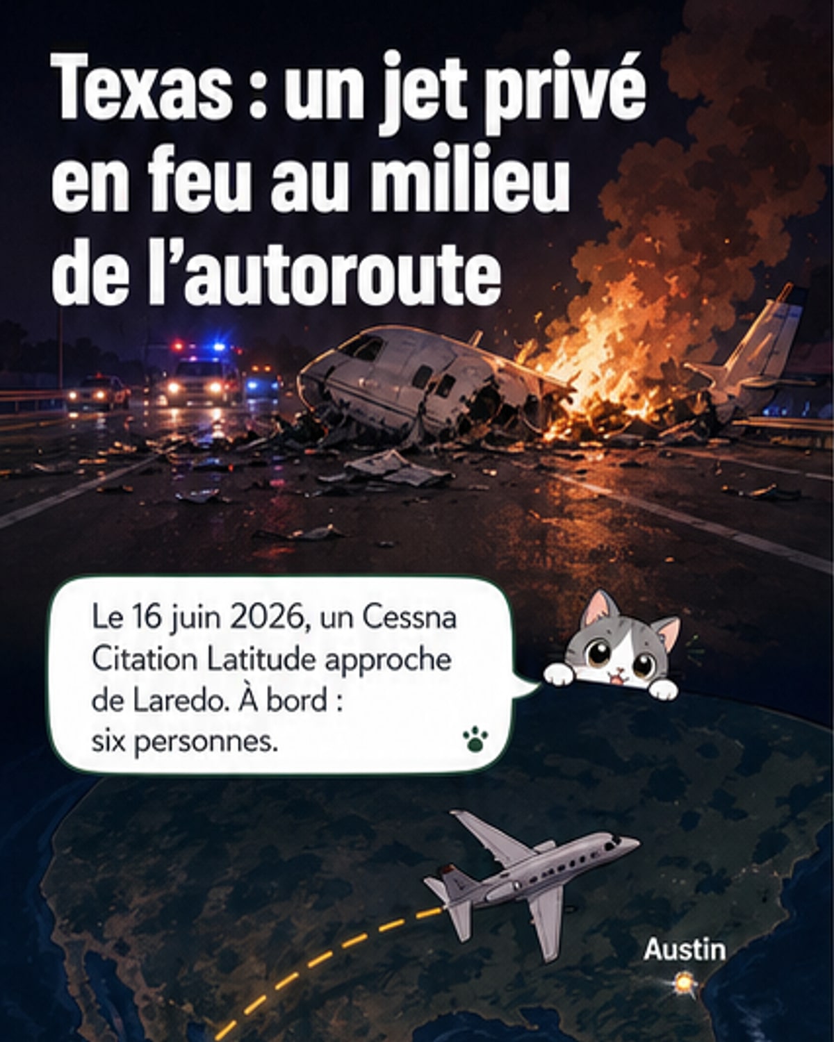 Vue aérienne d'un jet privé en flammes au milieu d'une autoroute, entouré de voitures et de secours, avec des passants aidant aux extractions.