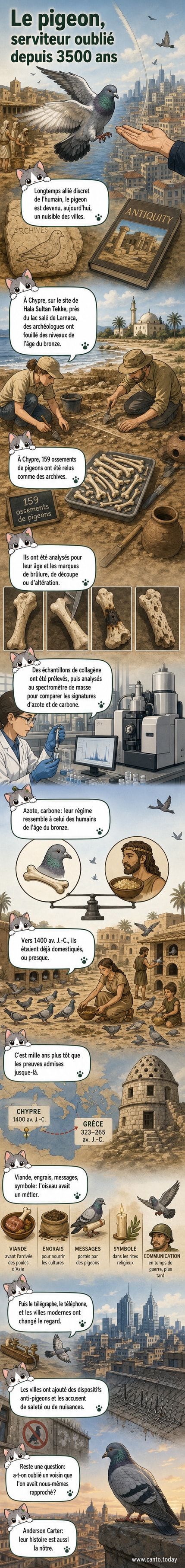Illustration d’un pigeon perché sur une ruine ancienne, entouré d’ossements et de symboles scientifiques comme des molécules et des graphiques isotopiques.