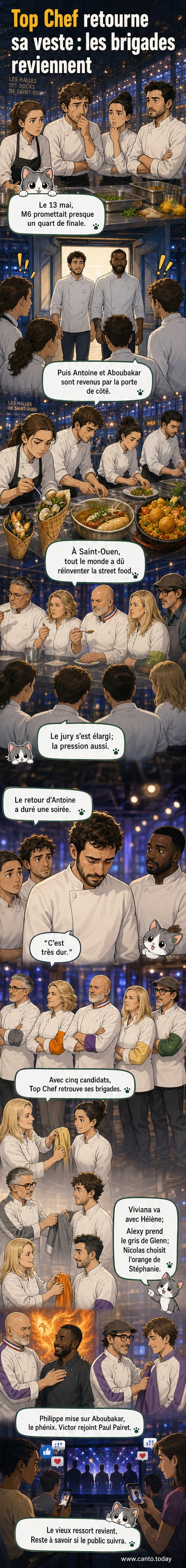 Les cinq chefs de Top Chef 2026 entourent leurs nouveaux brigadiers lors d'une scène de sélection en cuisine ouverte.