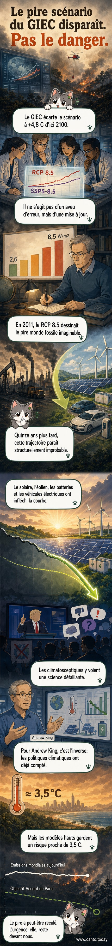 Illustration d’un thermomètre géant dépassant les 4 °C, avec des panneaux solaires et éoliennes en arrière-plan, symbolisant le retrait du scénario climatique extrême malgré la transition énergétique.
