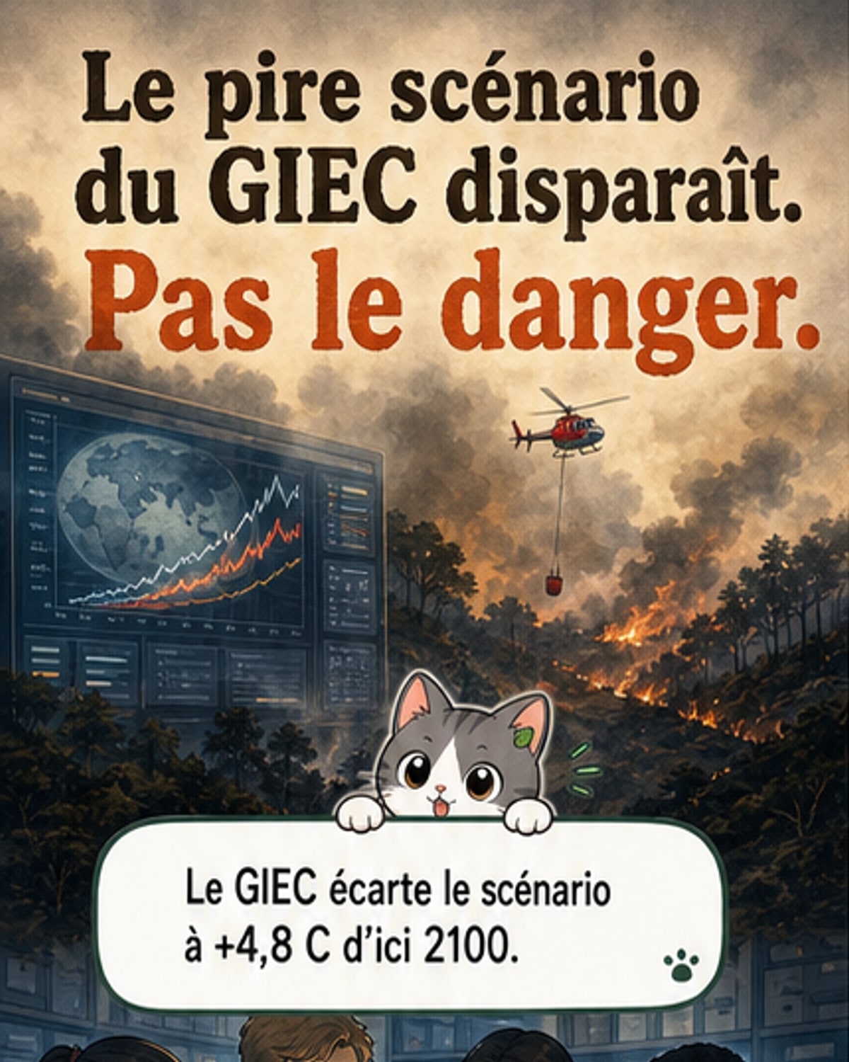 Illustration d’un thermomètre géant dépassant les 4 °C, avec des panneaux solaires et éoliennes en arrière-plan, symbolisant le retrait du scénario climatique extrême malgré la transition énergétique.