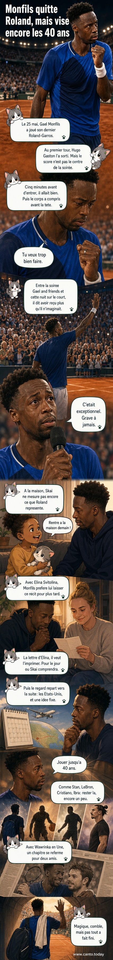 Gaël Monfils salue le public après son dernier match à Roland-Garros, entouré d'émotion et d'applaudissements.