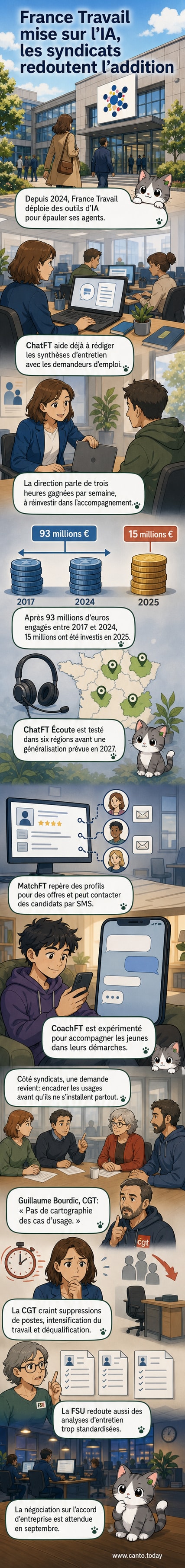Illustration d’un conseiller de France Travail utilisant un ordinateur avec des éléments d’intelligence artificielle flottant autour, tandis que des syndicalistes discutent en arrière-plan.