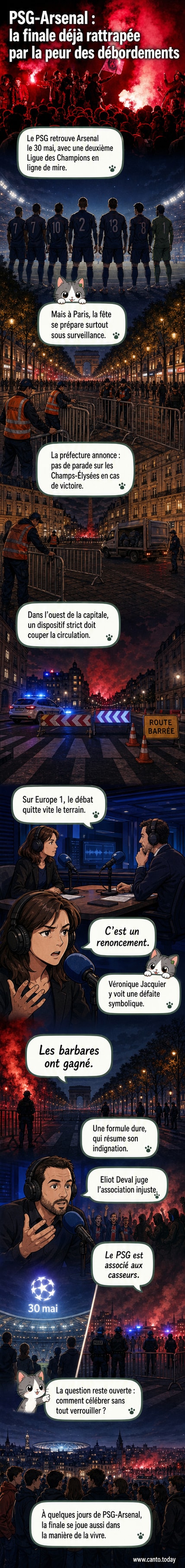 Un stade rempli de supporters du PSG en liesse, contrastant avec des rues parisiennes désertes et barrées par des forces de l’ordre.