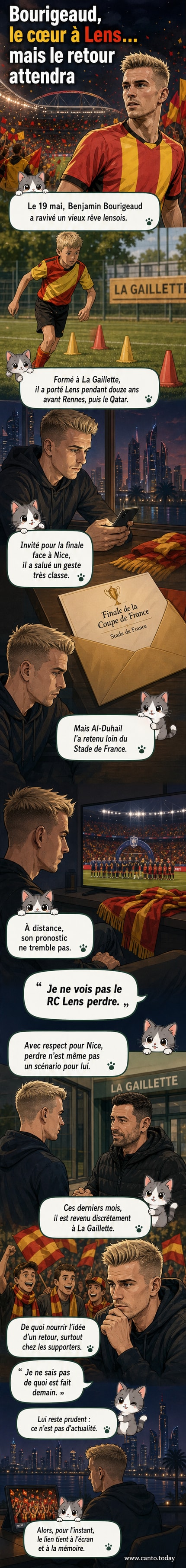 Illustration stylisée de Benjamin Bourigeaud en tenue d'entraînement au RC Lens, entouré de jeunes joueurs de la Gaillette, avec le stade Bollaert en arrière-plan.
