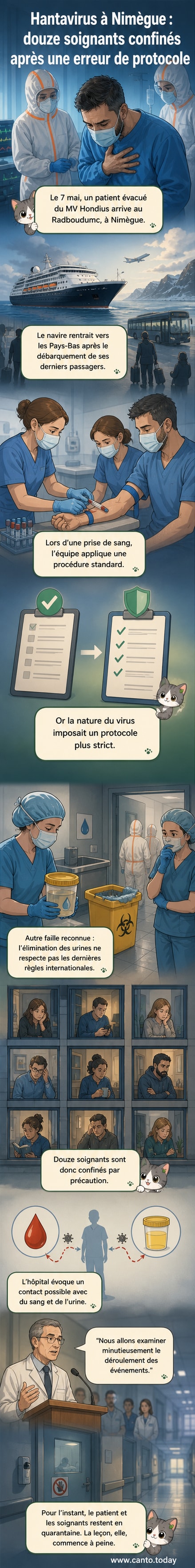 Illustration d’un personnel médical en tenue de protection maximale autour d’un patient isolé, avec un hôpital néerlandais en arrière-plan.