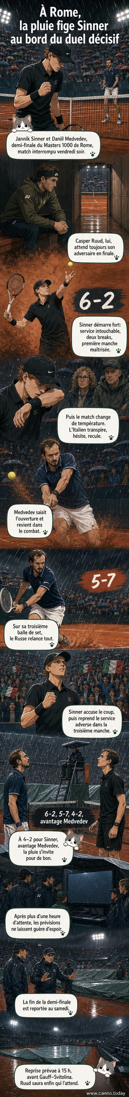Joueurs de tennis sous la pluie sur le court central de Rome, regardant vers l'arbitre qui interrompt la rencontre.