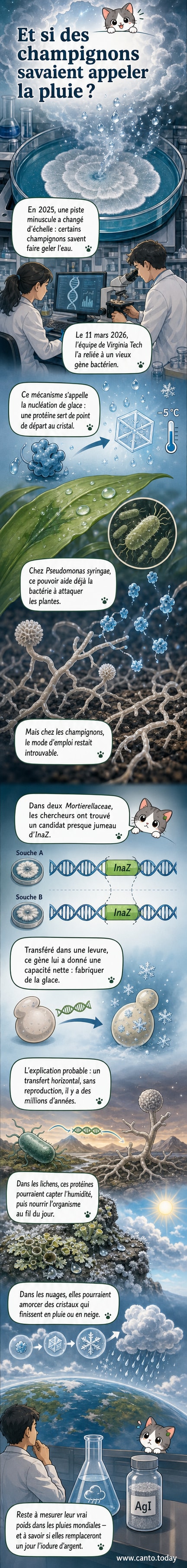 Illustration d'un champignon libérant des protéines dans l'air qui forment des cristaux de glace dans un nuage, déclenchant de la pluie.