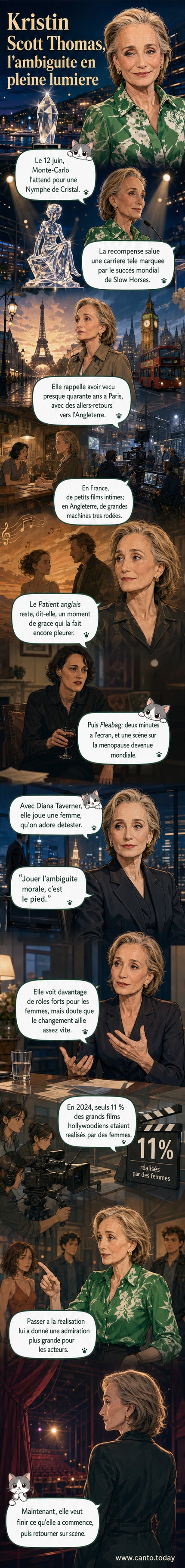 Kristin Scott Thomas en robe noire, souriante, tenant une Nymphe de Cristal lors du Festival de Télévision de Monte-Carlo.