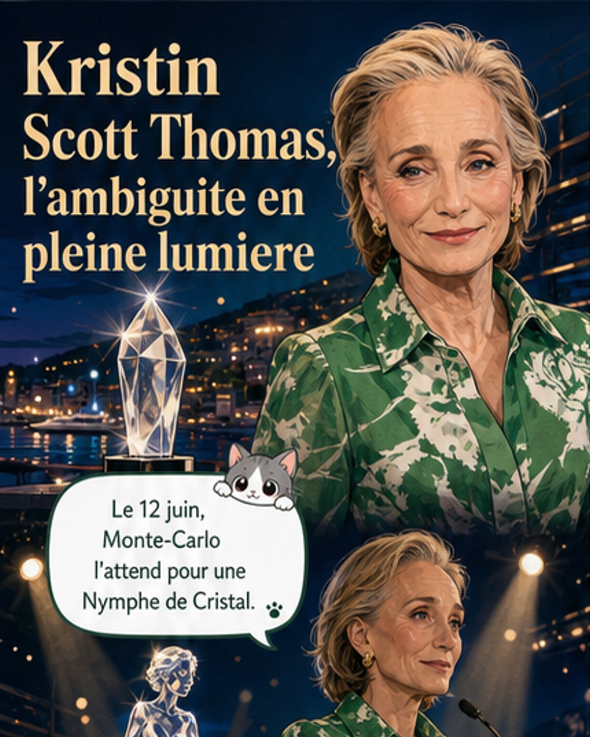 Kristin Scott Thomas en robe noire, souriante, tenant une Nymphe de Cristal lors du Festival de Télévision de Monte-Carlo.