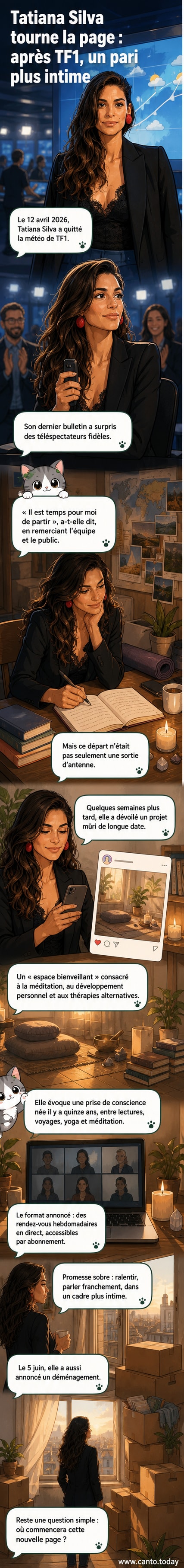 Tatiana Silva, ancienne présentatrice météo de TF1, souriante, entourée d'éléments symbolisant la méditation et le bien-être, dans un décor apaisant.