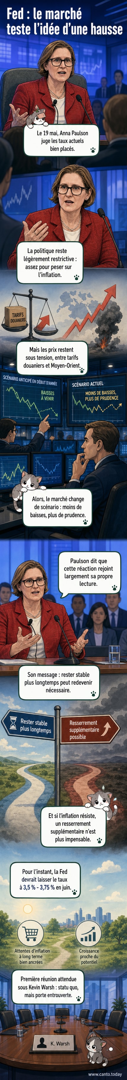 Illustration d'une balance entre inflation et taux d'intérêt, avec des graphiques économiques en arrière-plan, symbolisant la prudence de la Fed.