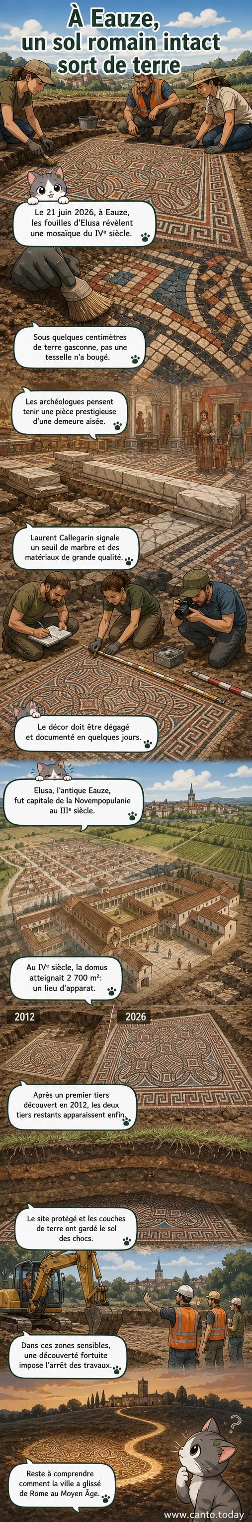 Vue aérienne d'une mosaïque romaine polychrome récemment dégagée, entourée d'archéologues en pleine documentation sur un site de fouille à Eauze.