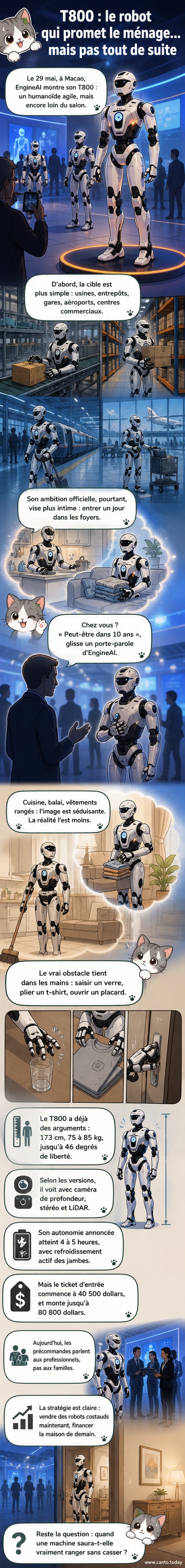 Un robot humanoïde noir et blanc nommé T800 en position debout dans un hall d'exposition, entouré de visiteurs et de panneaux explicatifs en chinois et en anglais.
