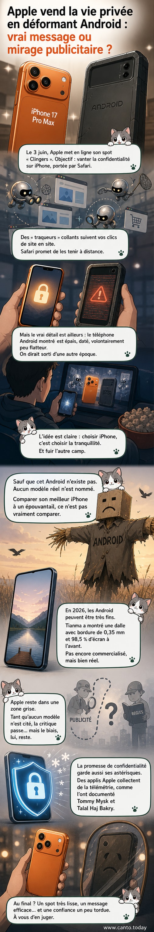 Capture de la publicité Apple 'Clingers' montrant un iPhone 17 Pro Max brillant face à un smartphone Android caricatural, épais et laid.