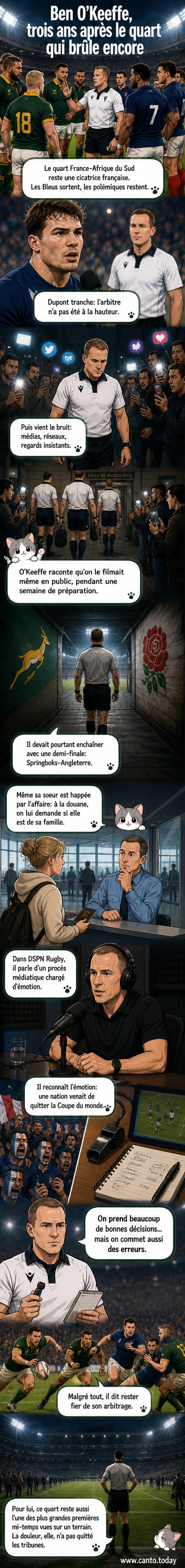 Illustration d'un arbitre de rugby au centre d'un stade sous les projecteurs, entouré de silhouettes de supporters tendues, avec un téléphone portable filmant en premier plan.