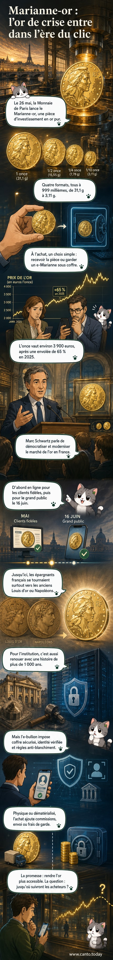 Pièce en or brillante frappée du visage de Marianne, posée sur un fond bleu avec le logo de la Monnaie de Paris.