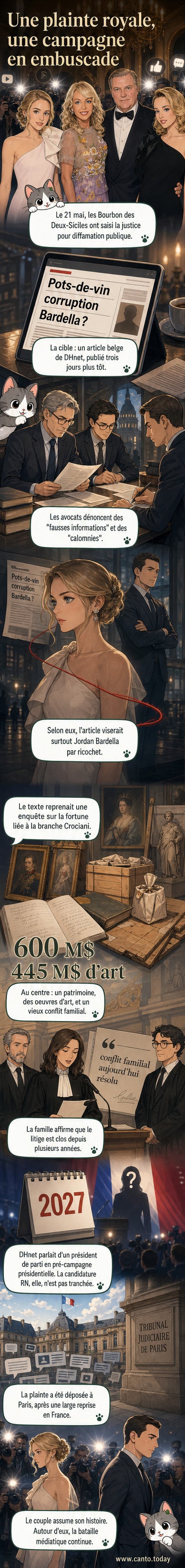 Illustration d'un palais historique avec un journal en premier plan portant un titre sur une plainte pour diffamation, entouré de symboles de justice et de couronne.