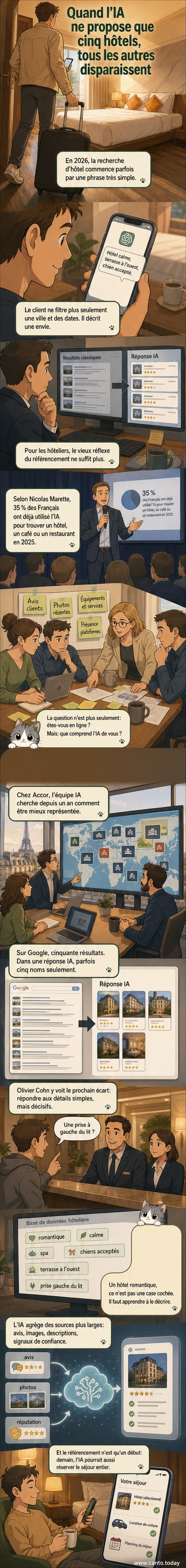 Illustration d’un voyageur utilisant une application d’intelligence artificielle sur son téléphone pour trouver un hôtel, tandis qu’un hôtelier met à jour des données détaillées sur un ordinateur.