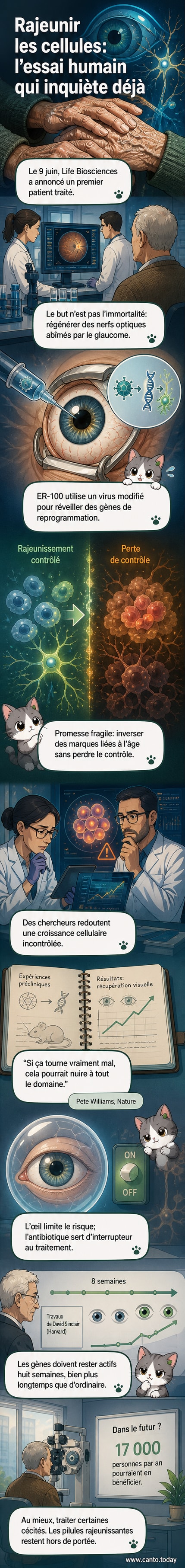 Illustration d'une cellule humaine avec un virus modifié injectant des gènes pour inverser le vieillissement, entourée de symboles scientifiques et d'une silhouette oculaire.