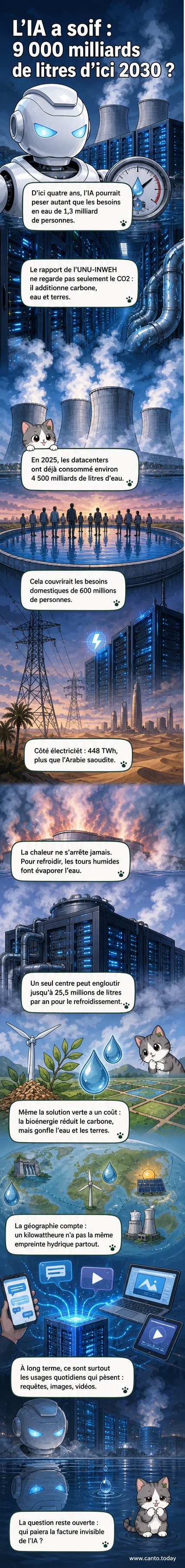 Un datacenter industriel entouré de vapeur d’eau, symbolisant la consommation massive d’eau par l’intelligence artificielle.