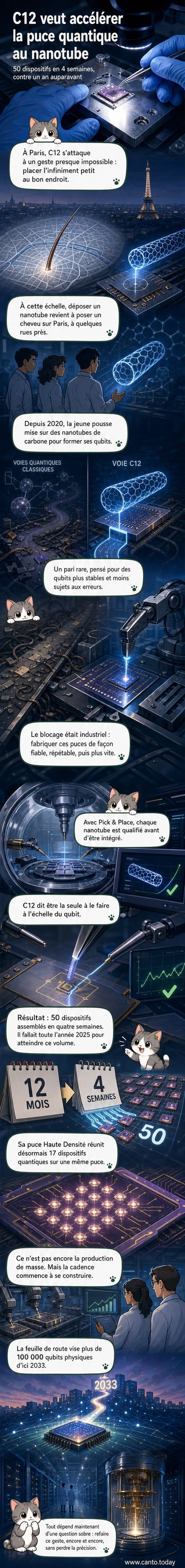 Illustration d'un nano-assemblage de nanotubes de carbone sur une puce de silicium, avec un bras robotique précis sous environnement contrôlé.