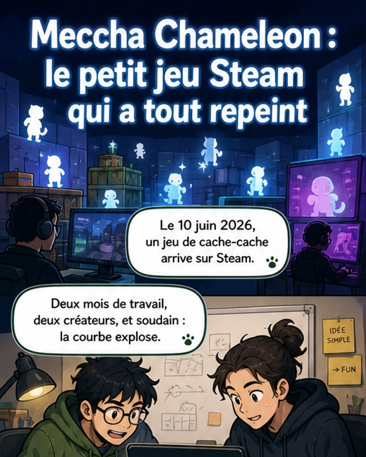Capture d'écran du jeu Meccha Chameleon montrant des figurines blanches camouflées dans un décor urbain, avec des joueurs utilisant un fusil à peinture pour les révéler.