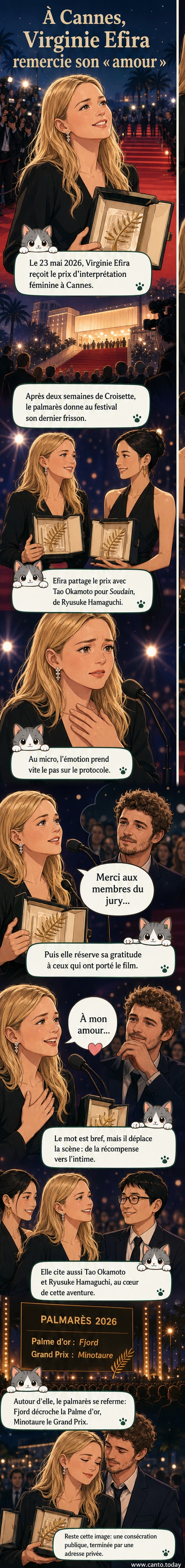 Virginie Efira sur scène au Festival de Cannes 2026, tenant son prix d'interprétation féminine, entourée de lumière et d'émotion, avec un regard tourné vers la caméra comme si elle adressait un message personnel.