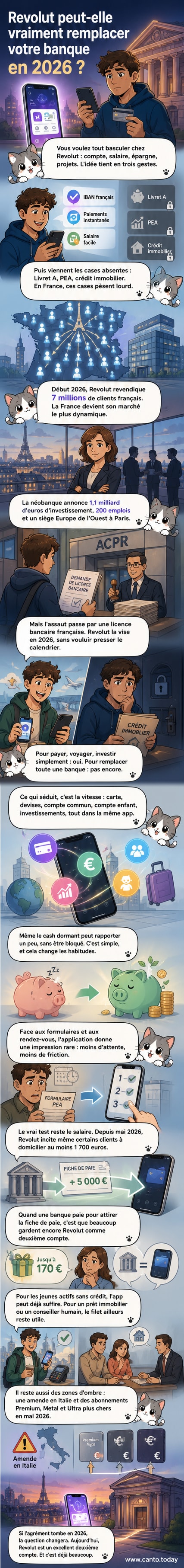Illustration d'une application mobile de néobanque sur fond de ville française, avec des icônes de carte bancaire, de maison et d'épargne barrées, symbolisant les services manquants.