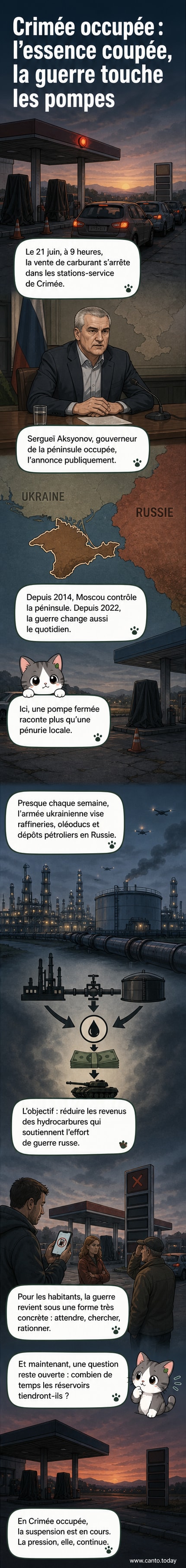 Station-service en Crimée avec un panneau indiquant la suspension de la distribution de carburant, entourée de véhicules à l'arrêt.