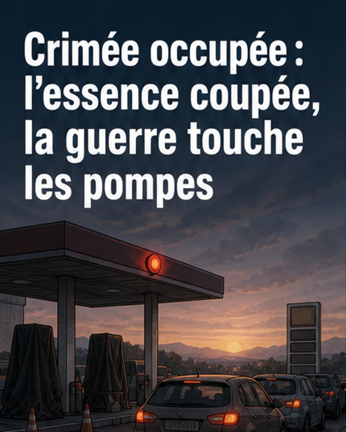 Station-service en Crimée avec un panneau indiquant la suspension de la distribution de carburant, entourée de véhicules à l'arrêt.