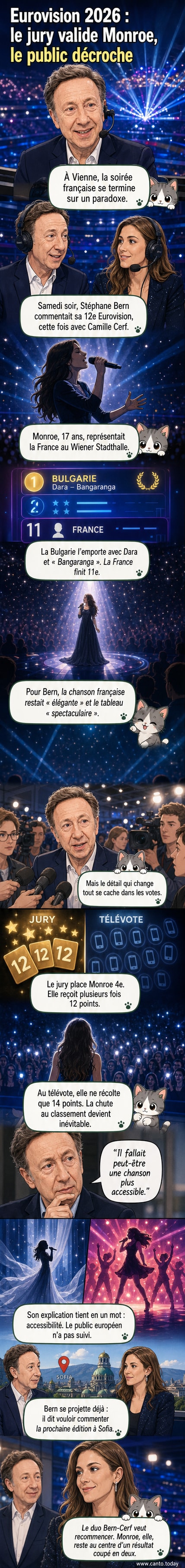 Stéphane Bern en mars 2026, souriant face caméra, commentant l'Eurovision 2026 en direct de Vienne.