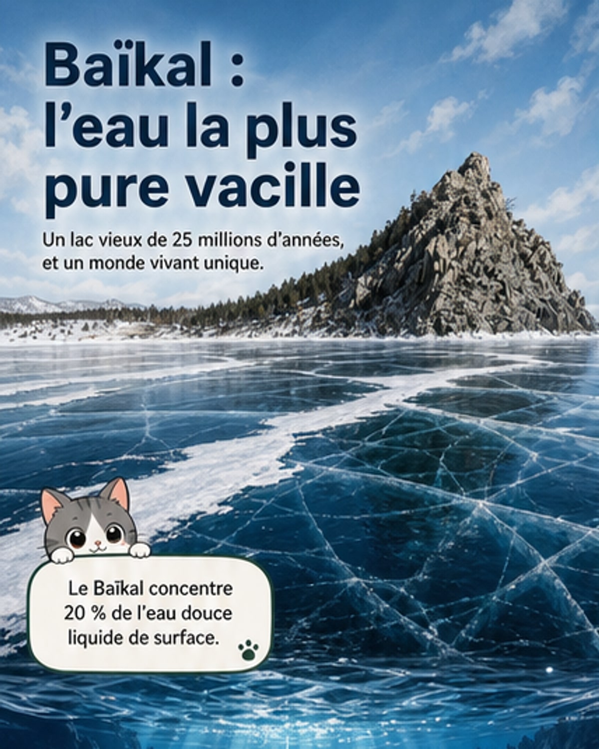 Vue aérienne du lac Baïkal en Sibérie, entouré de montagnes, avec une eau d’un bleu profond et transparent, et quelques ice floes encore présents en bordure.