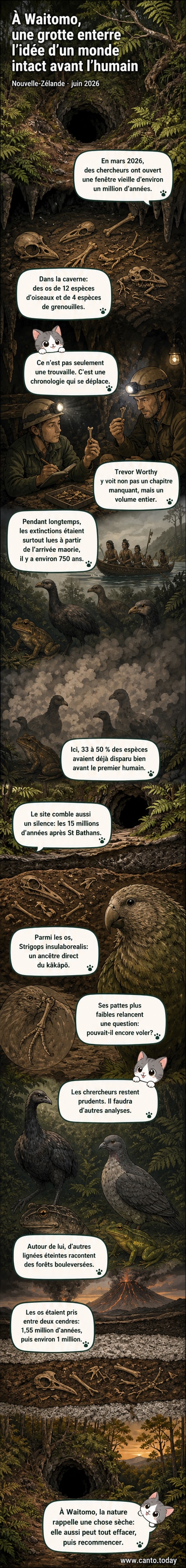 Illustration d'une grotte ancienne en Nouvelle-Zélande, avec des chercheurs découvrant des fossiles d'oiseaux et de grenouilles, entourés de cendres volcaniques.