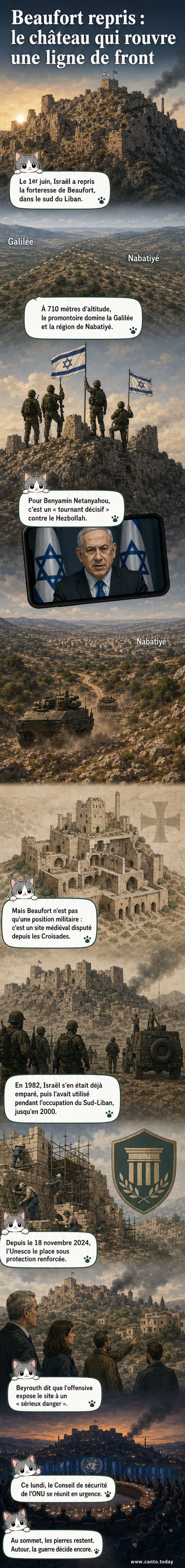 Vue aérienne de la forteresse médiévale de Beaufort perchée sur une colline, avec drapeau israélien flottant et fumée dans les environs.