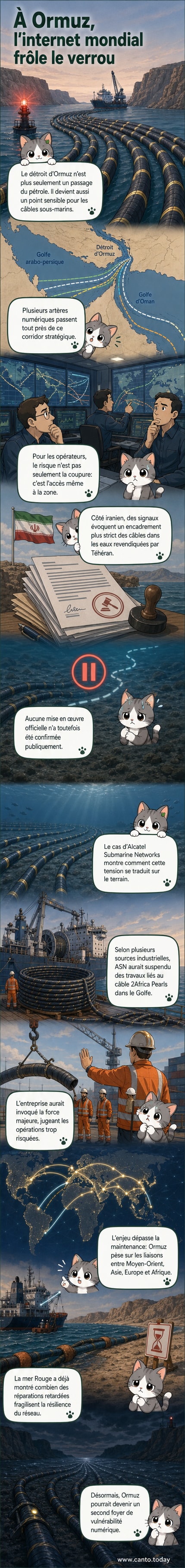 Illustration du détroit d’Ormuz avec des câbles sous-marins traversant les eaux, entouré de navires et de symboles de signalisation Internet, montrant la tension géopolitique sur les infrastructures critiques.