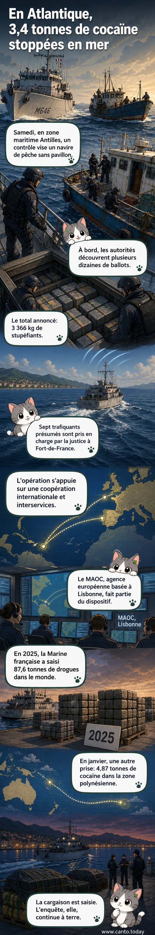 Illustration d'un navire de la Marine nationale française interceptant un bateau de pêche en Atlantique, avec des ballots de cocaïne visibles sur le pont.
