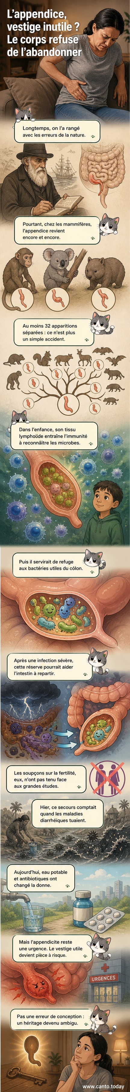 Illustration d'un intestin avec un zoom sur l'appendice, montrant des bactéries bénéfiques protégées à l'intérieur, entouré de cellules immunitaires.