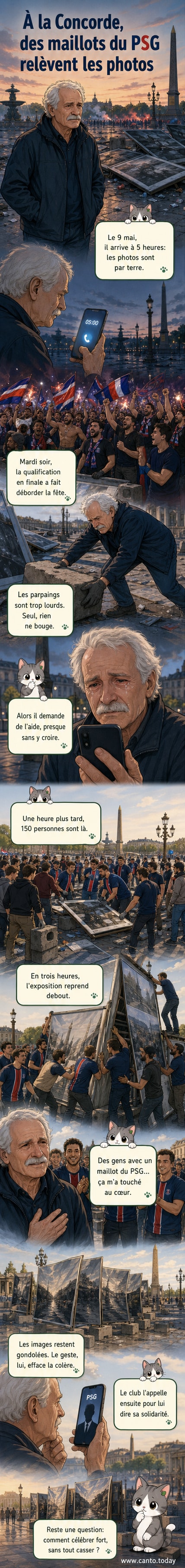 Des supporters du PSG aident à redresser des panneaux de l’exposition photographique de Yann Arthus-Bertrand sur la place de la Concorde, sous un ciel gris.
