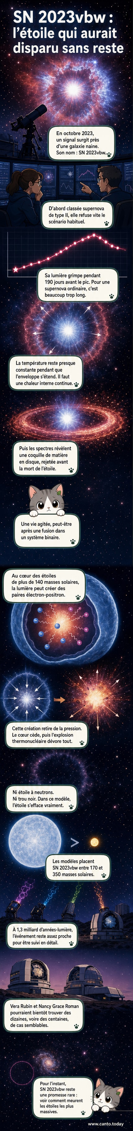 Représentation artistique d'une étoile géante en train de disparaître dans une explosion silencieuse, sans laisser de résidu, avec un fond de galaxie naine et des données spectrales en surimpression.
