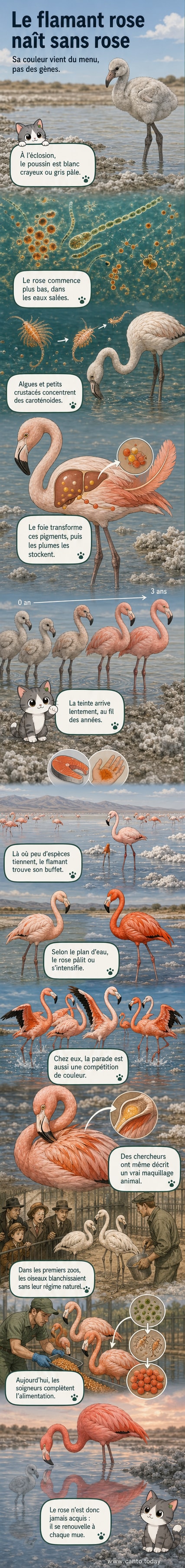 Un poussin de flamant gris pâle à gauche, un adulte rose vif à droite, avec une illustration du processus alimentaire transformant les pigments en couleur.