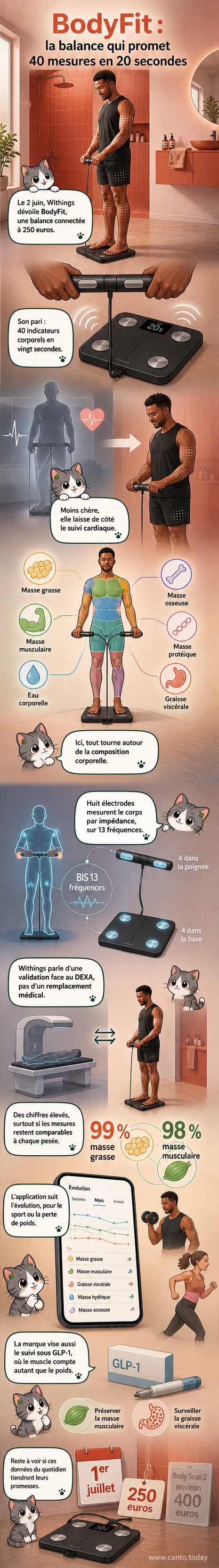 Représentation stylisée de la balance connectée Withings BodyFit avec poignée, affichant des données de composition corporelle sur un écran mobile.